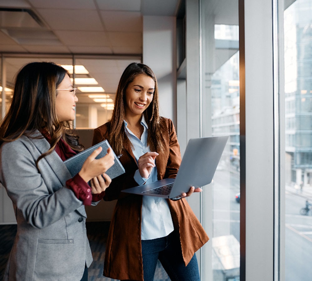 Two consultants looking at a laptop