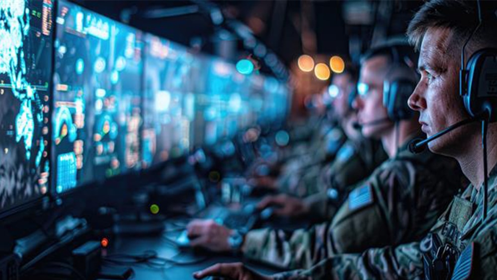 U.S. Military personnel looking at computers