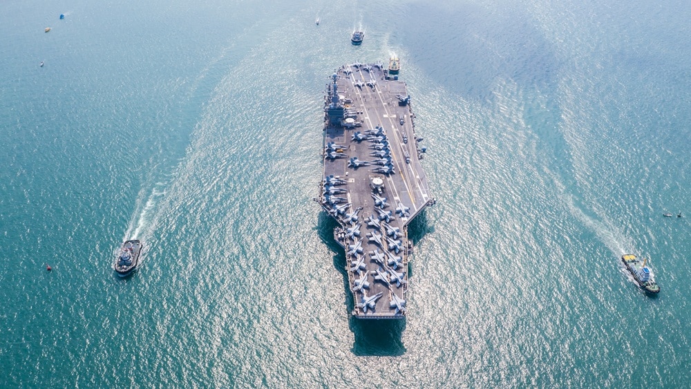 U.S. Navy aircraft carrier in open ocean
