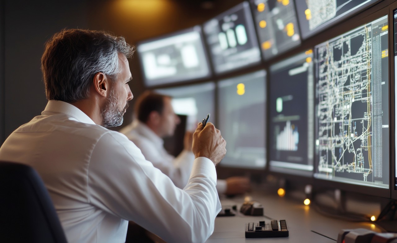 A utilities professional monitoring a power grid from a control center