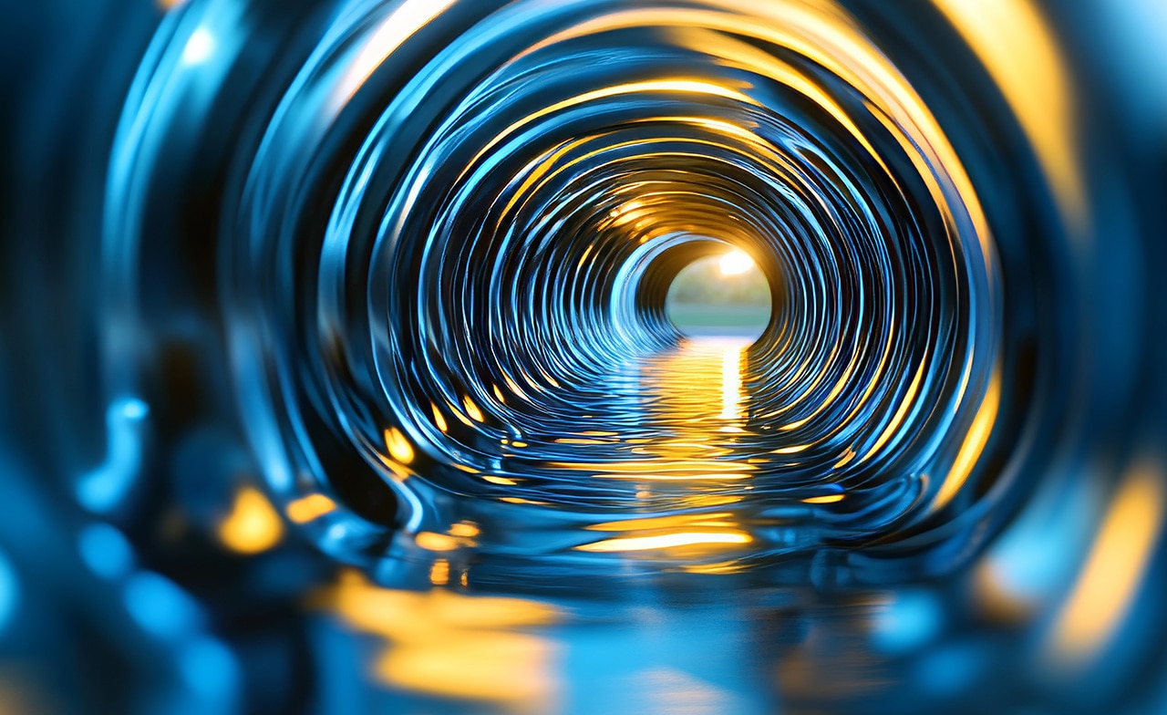 Abstract digital-inspired tunnel featuring glowing blue and gold reflections Abstract digital-inspired tunnel featuring glowing blue and gold reflections