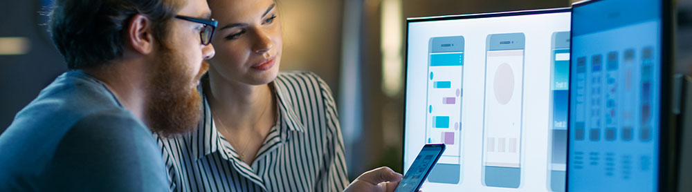 Two consultants looking at a computer screen