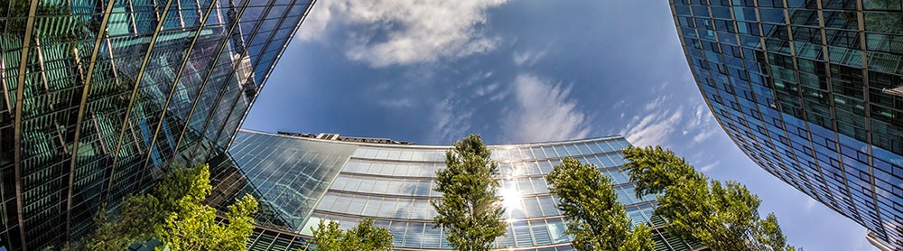 High buildings under cloudy sky. The benefits of a hybrid environment for your organisation.