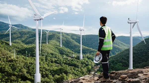 Engineer on mount top watching windmills