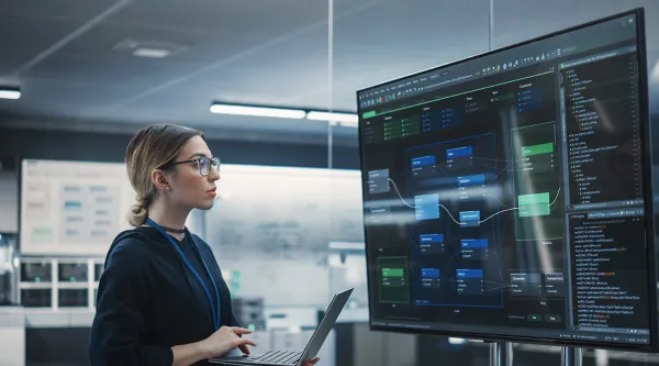 woman working on laptop looking at data