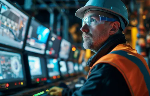 Utility worker in a control room, analyzing data on large screens showing grid performance