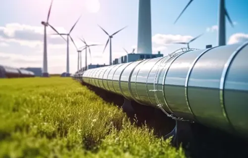 hydrogen pipeline in a field with wind turbines in the background