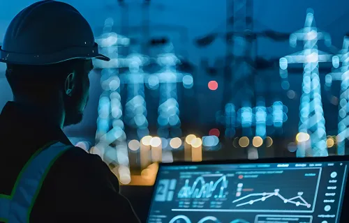 Utility worker monitoring power grid data