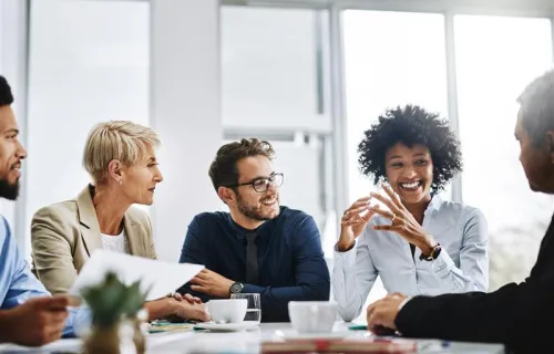 Professionals meeting around desk