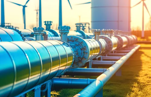 hydrogen pipeline lit up by the sun with wind turbines in the background