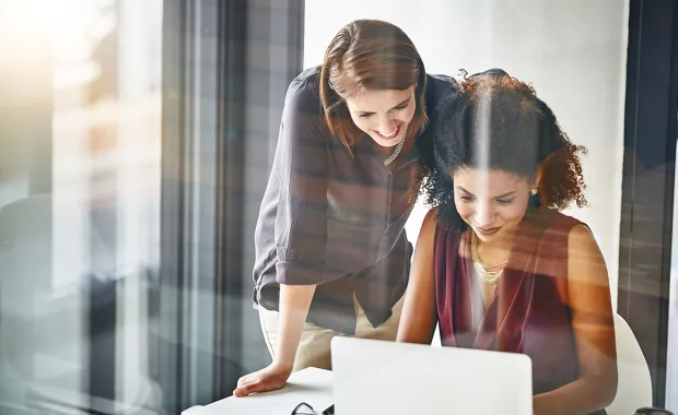 consultants looking at macrotrends data on laptop