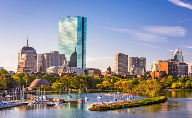 View of Boston, MA skyline with boat marina