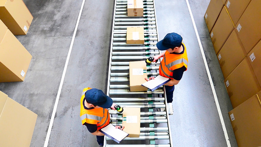 Two people packing the carton in factory Two people packing the carton in factory